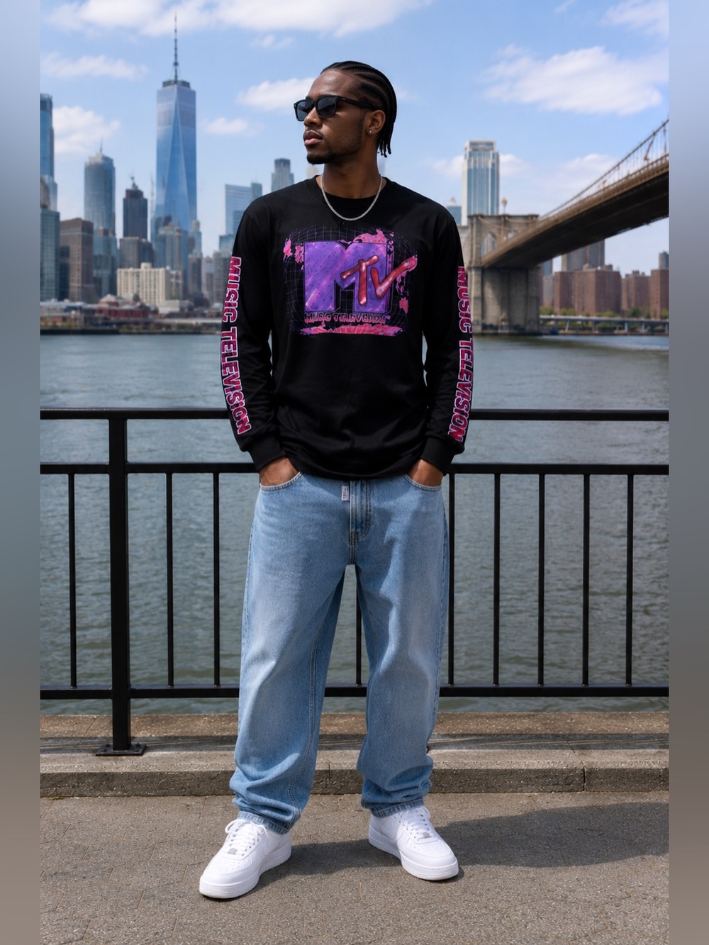 MTV Black Long Sleeve Tee with Pink and Purple Graphic